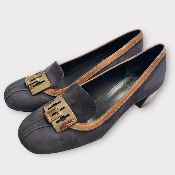 TORY BURCH navy suede & brown leather block career office heels size 7.5 - Picture 1 of 9